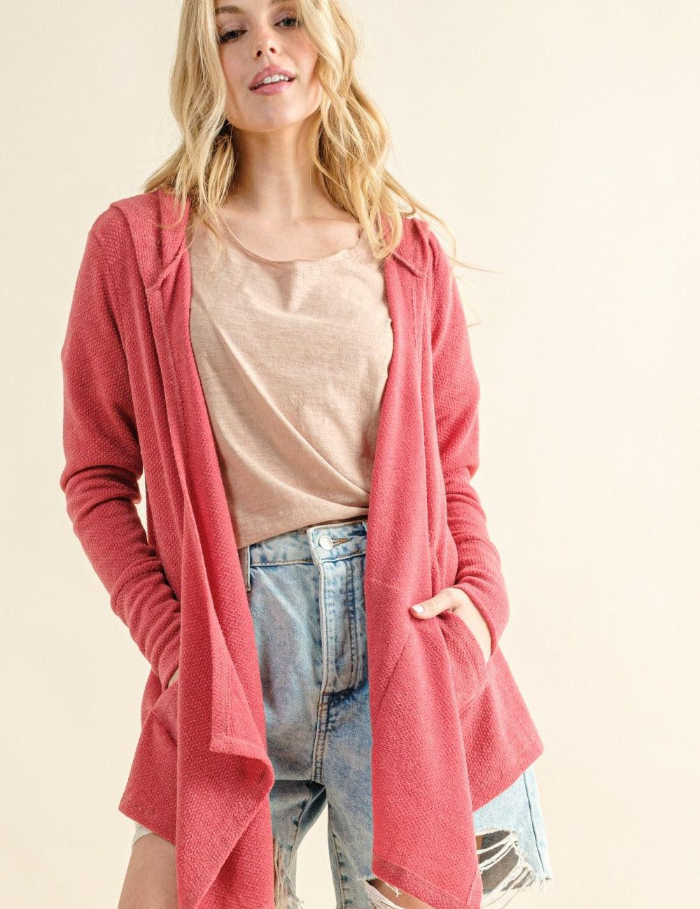 Rose Pink And The Why Full Size Thermal Hooded Open Front Cardigan with Pockets | Cardigans Daverri Fashions