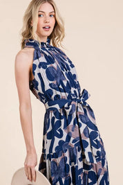 Lime 'N' Chili Abstract Halter Neck Tie-Waist Tiered Maxi Dress | Daverri Fashions