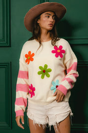 BiBi Colorful Floral Patched Sweater with Striped Sleeve | Sweaters Daverri Fashions