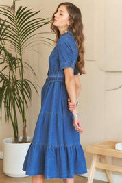ADORA Tiered Button Down Tie Waist Short Sleeve Denim Dress | Daverri Fashions