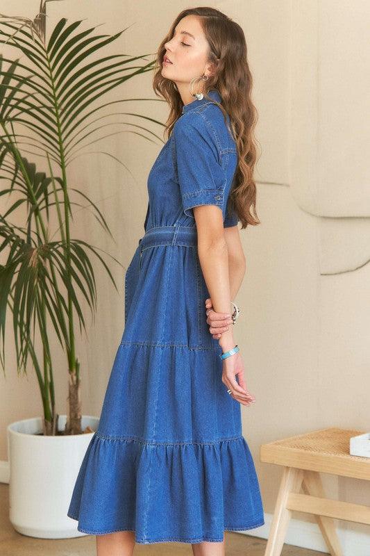 ADORA Tiered Button Down Tie Waist Short Sleeve Denim Dress | Daverri Fashions