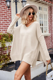 Slit V-Neck Dropped Shoulder Sweater | Sweaters Daverri Fashions