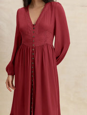 V-Neck Balloon Sleeve Ruffled Hem Maxi Dress | Daverri Fashions
