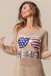 BiBi Sequin American Flag Sunglasses Knit Top | Tops Daverri Fashions