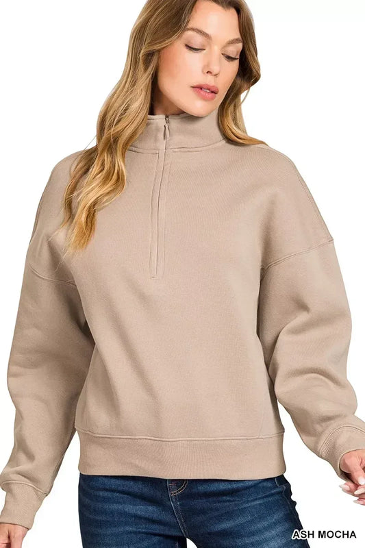 Zenana Fleece High Neck Half Zip Sweatshirt Ash Mocha - DAVERRI FASHIONS