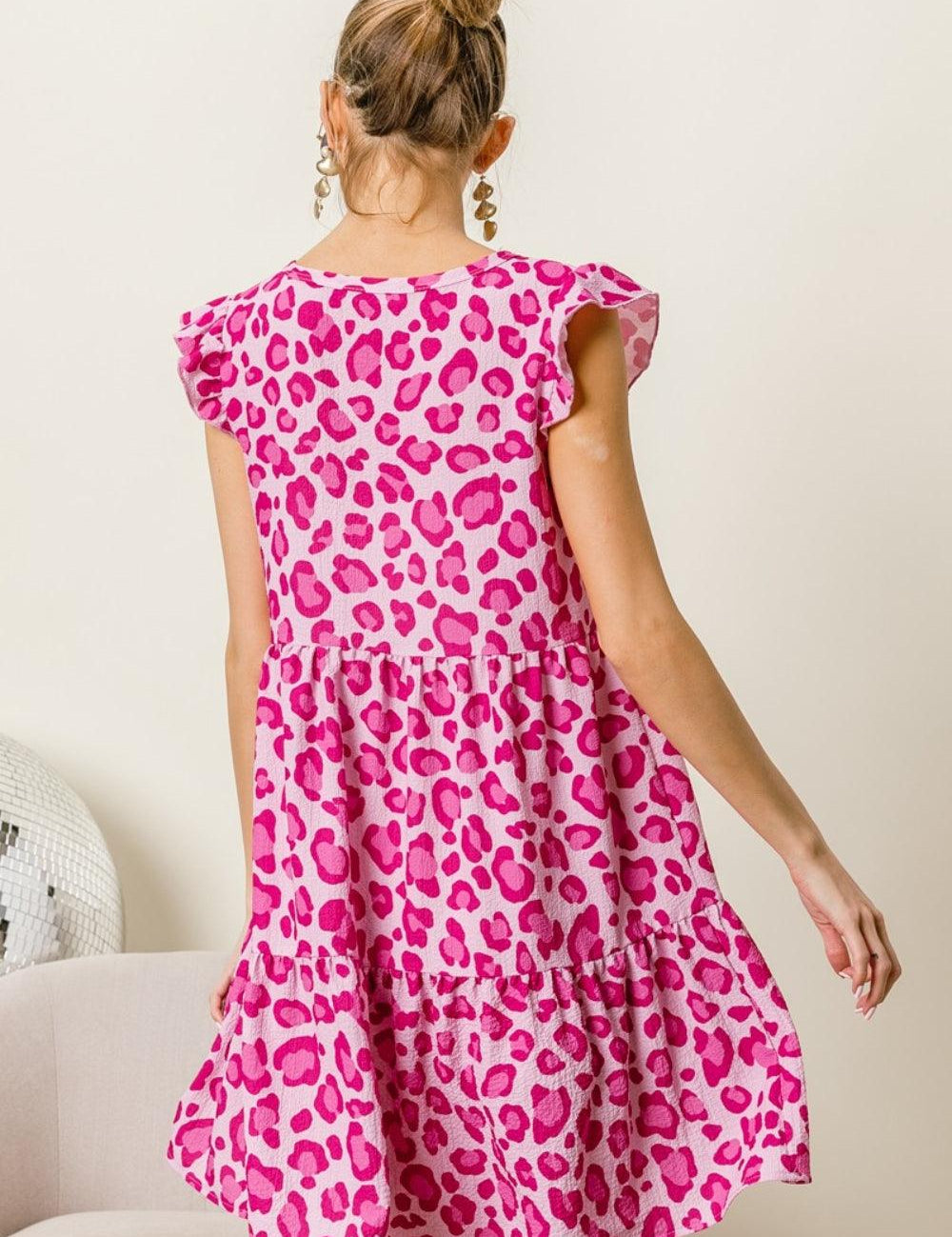 BiBi Leopard Cap Sleeve Tiered Mini Dress | Mini Dresses Daverri Fashions