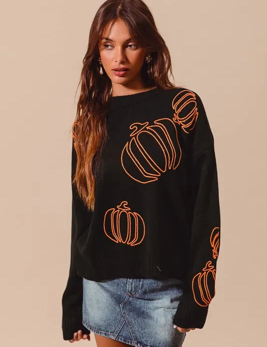 Pumpkin Embroidered Halloween Thanksgiving Sweater | Sweaters Daverri Fashions