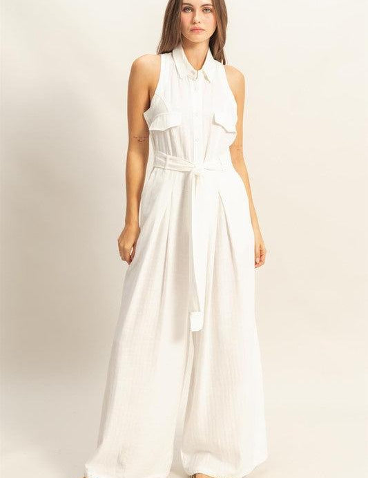 White HYFVE Sleeveless Tie Waist Wide Leg Jumpsuit | Jumpsuits Daverri Fashions
