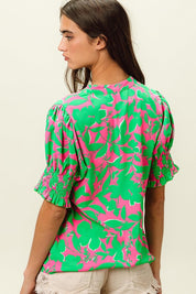 BiBi Smocked Cuff Floral Contrast Top | Tops Daverri Fashions