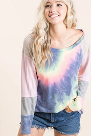 CHARCOAL TIE DYE BiBi Tie Dye Terry Top With Color Block Pointelle Knit | Tops Daverri Fashions