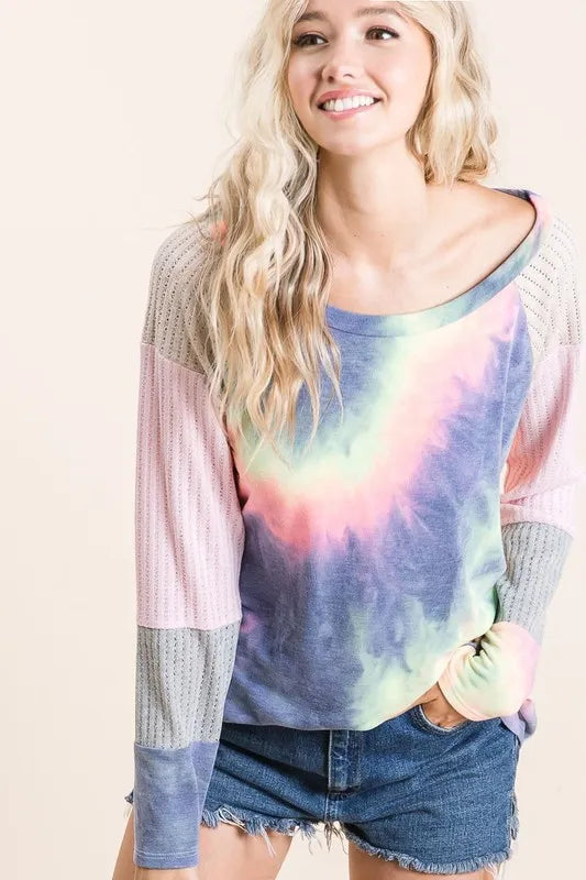 CHARCOAL TIE DYE BiBi Tie Dye Terry Top With Color Block Pointelle Knit | Tops Daverri Fashions