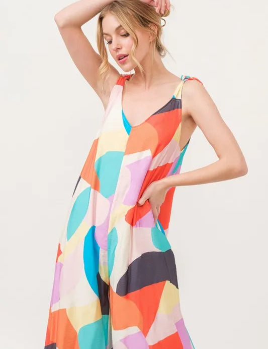 And The Why Tied Shoulder Straps Wide-Leg Geo Print Jumpsuit | Jumpsuits Daverri Fashions