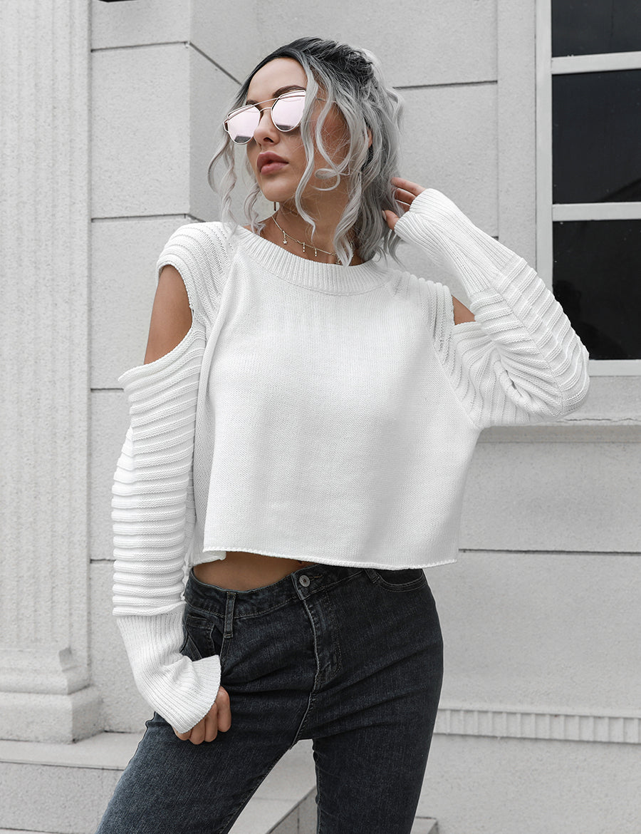 White Cold-Shoulder Ribbed Trim Sweater | Sweaters Daverri Fashions