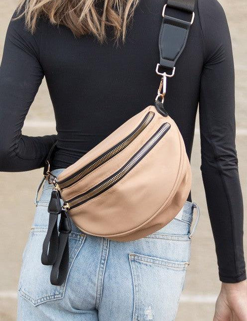 Double Zip Nylon Crescent Crossbody Bag | Handbags Daverri Fashions