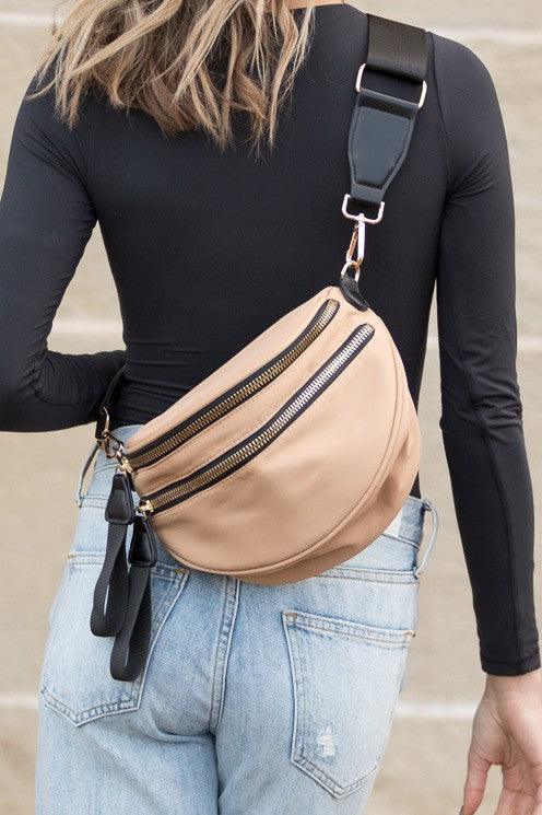 Double Zip Nylon Crescent Crossbody Bag | Handbags Daverri Fashions