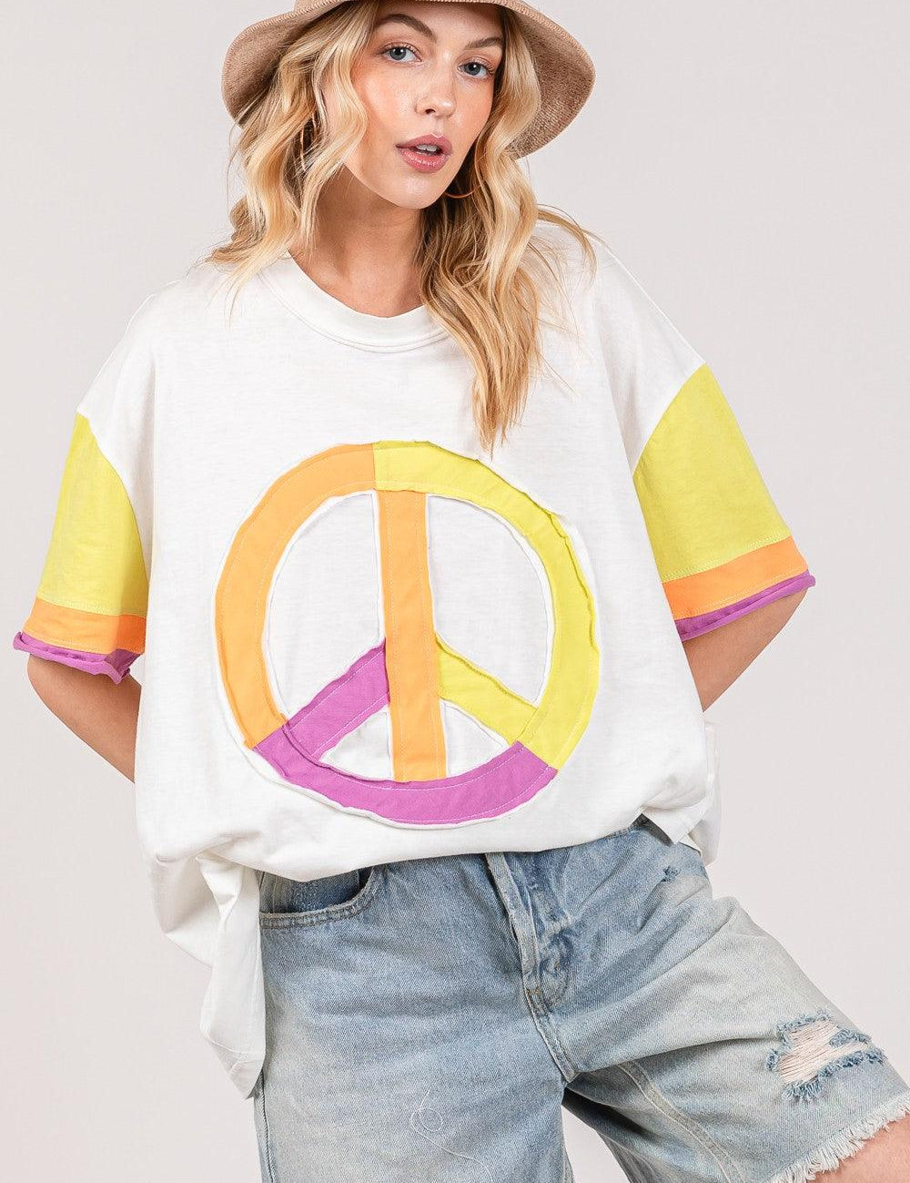 SAGE + FIG Color Block Peace Applique T-Shirt | T-Shirts Daverri Fashions