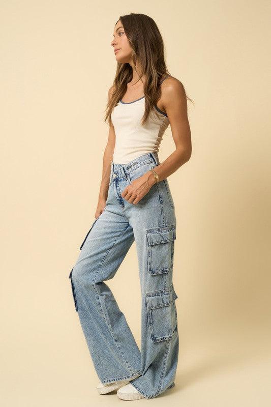 Insane Gene Crossover Waist Relaxed Fit Cargo Jeans | Jeans Daverri Fashions