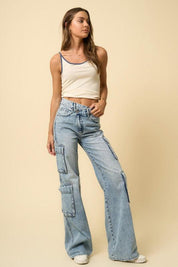 Insane Gene Crossover Waist Relaxed Fit Cargo Jeans | Jeans Daverri Fashions