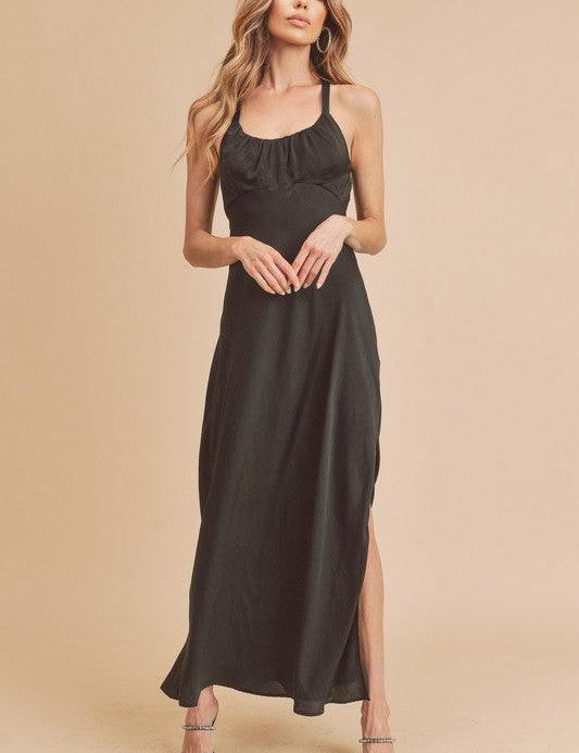 Aemi + Co Black Ruched Side Slit Cutout Back Maxi Cami Dress | Cami Dresses Daverri Fashions