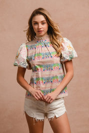 BiBi Ruffle Neckline Blouse With Embroidery Bubble Sleeve | Daverri Fashions