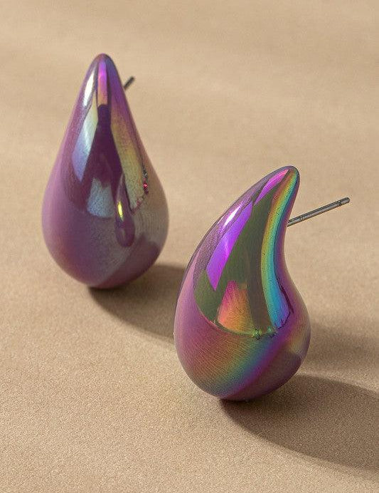 Purple one size Puffy Hollow Teardrop Earrings | Earrings Daverri Fashions