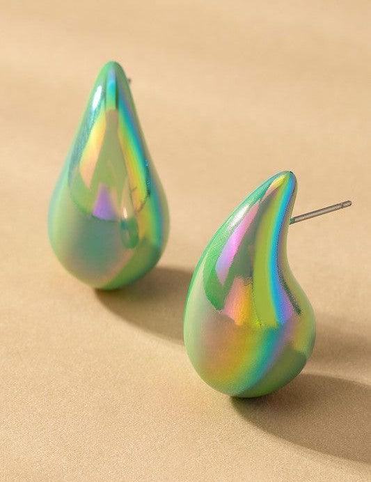 Green one size Puffy Hollow Teardrop Earrings | Earrings Daverri Fashions