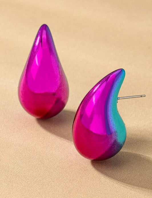 Fuschia one size Puffy Hollow Teardrop Earrings | Earrings Daverri Fashions