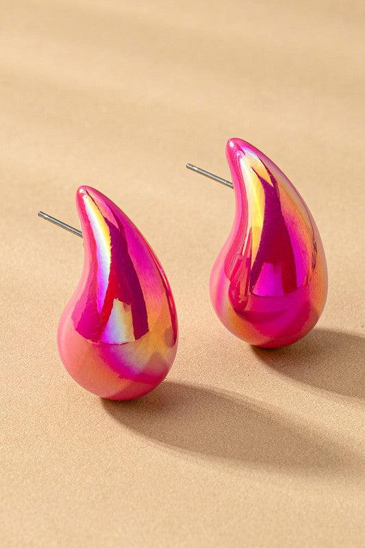Pink one size Puffy Hollow Teardrop Earrings | Earrings Daverri Fashions