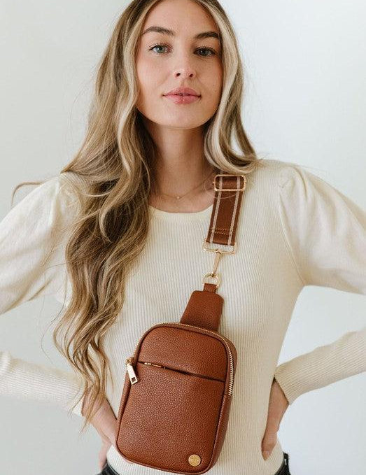 Camel 1 Pebbled Vegan Leather Phone Case Crossbody Belt Bag | Handbags Daverri Fashions