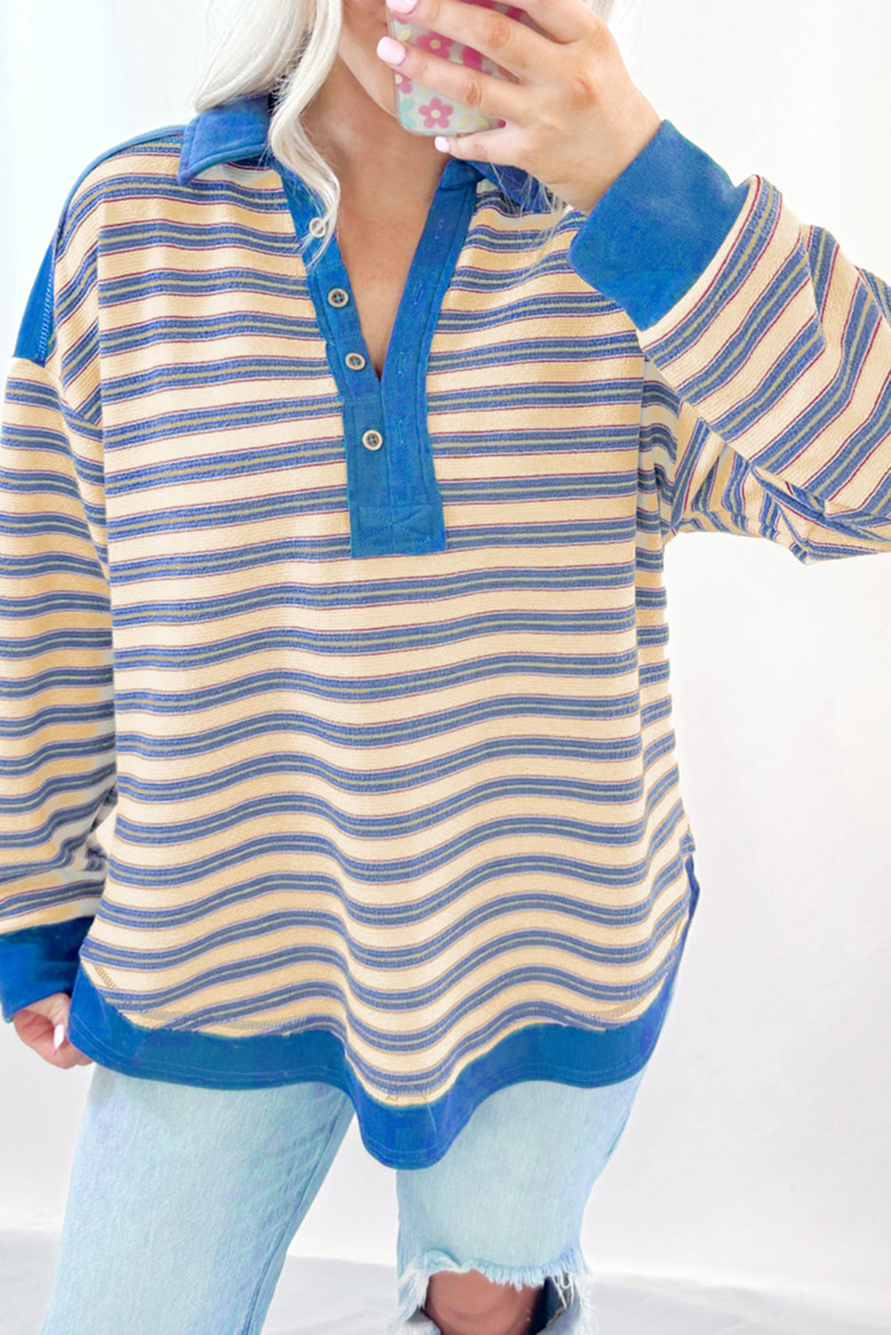 Blue Stripe 95%Polyester+5%Elastane Striped Buttoned V Neck Collared Drop Shoulder Top | Tops/Long Sleeve Tops Daverri Fashions