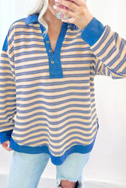 Blue Stripe 95%Polyester+5%Elastane Striped Buttoned V Neck Collared Drop Shoulder Top | Tops/Long Sleeve Tops Daverri Fashions
