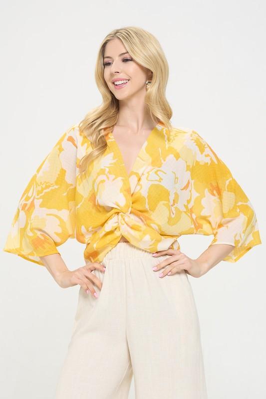 Renee C Yellow Front Twist Floral Top | Shirts & Tops Daverri Fashions