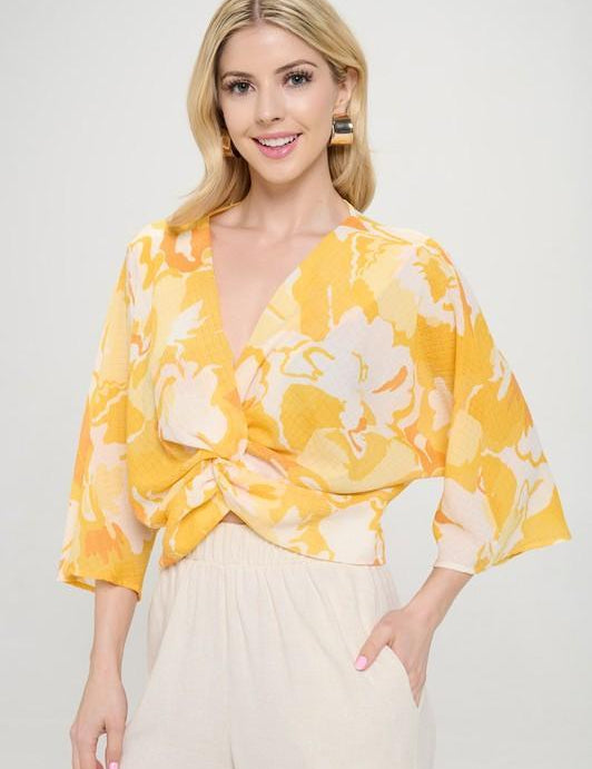 Yellow Renee C Yellow Front Twist Floral Top | Shirts & Tops Daverri Fashions