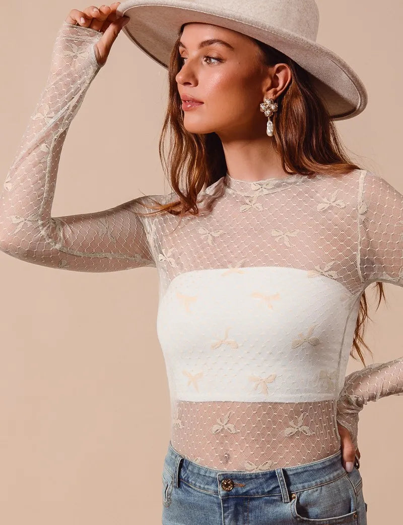 OATMEAL SO ME Bow Ribbon Pattern Sheer Lace Top | Tops Daverri Fashions