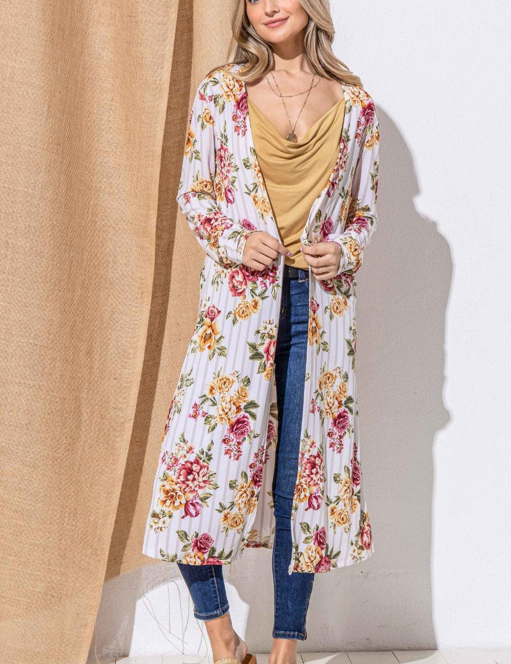 Burgundy Stripe And The Why Floral Kimono Open Front Longline Cardigan | Cardigans Daverri Fashions