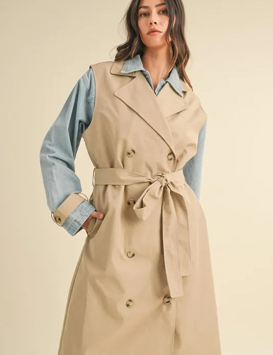 Taupe MABLE Layered Look Trench Coat With Denim Jacket | Daverri Fashions