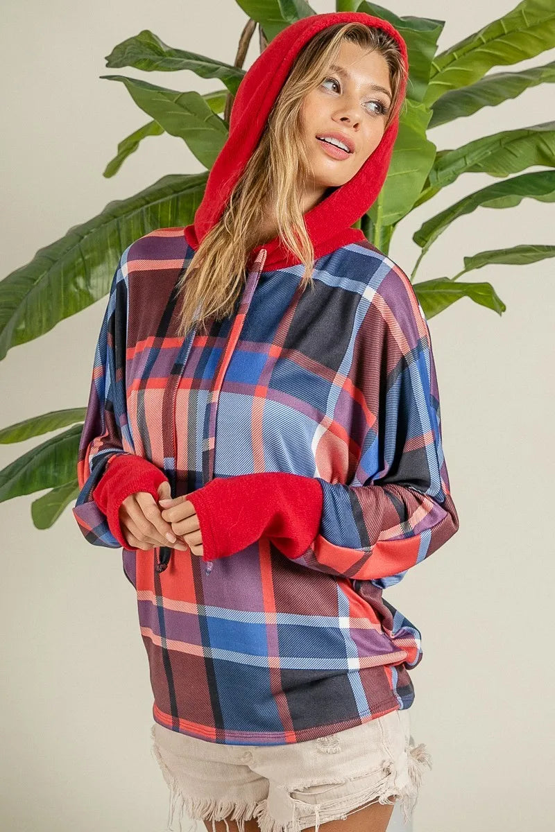 BiBi Plaid Mirr Brushed Rib Contrast Thumb Open Hoodie | Hoodies Daverri Fashions