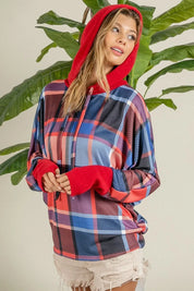 BiBi Plaid Mirr Brushed Rib Contrast Thumb Open Hoodie | Hoodies Daverri Fashions