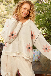 Ivory POL V-Neck Floral Pattern Chenille Sweater | Sweaters Daverri Fashions