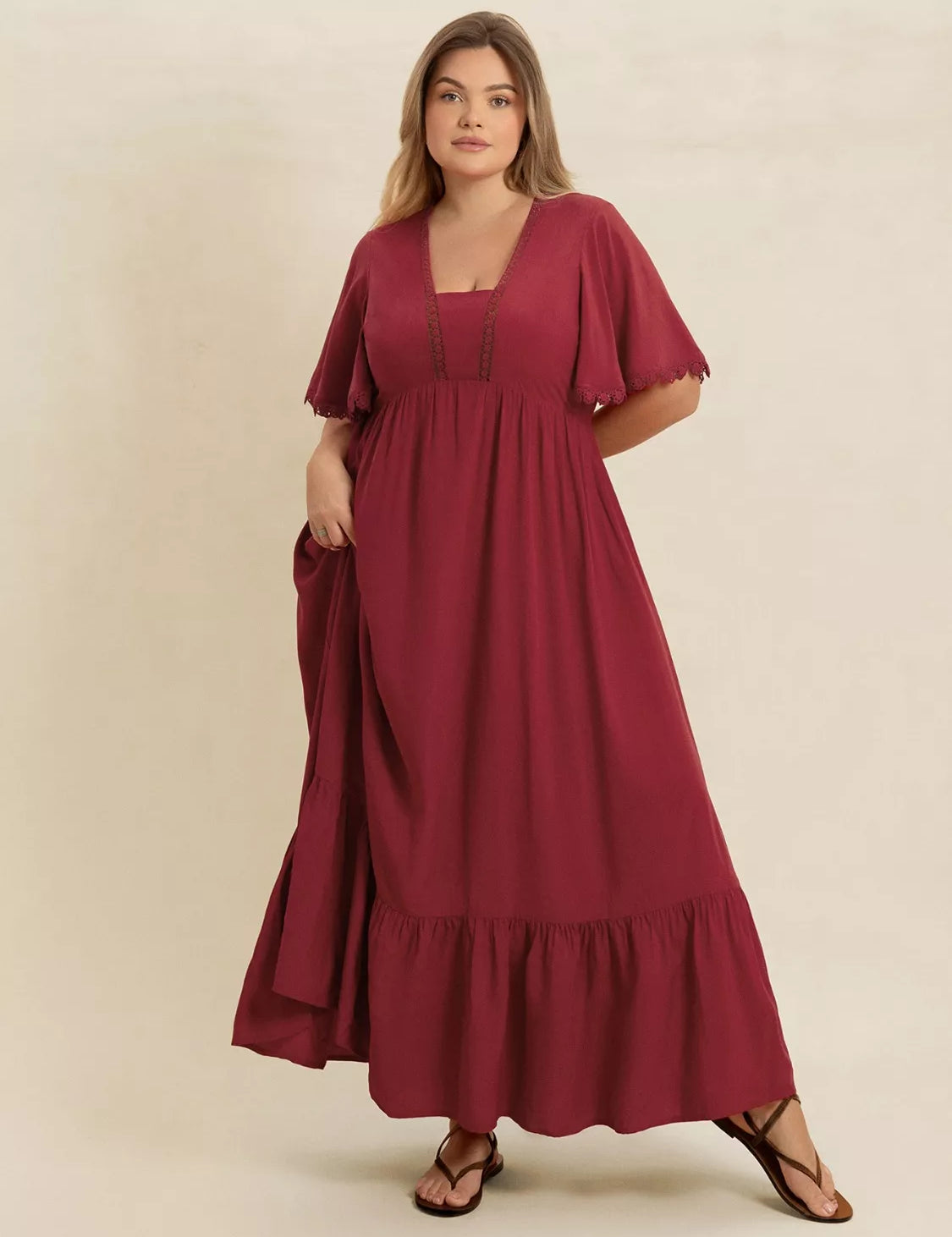 Burgundy Plus Size Lace Detail Flutter Sleeve Maxi Dress | Maxi Dresses Daverri Fashions
