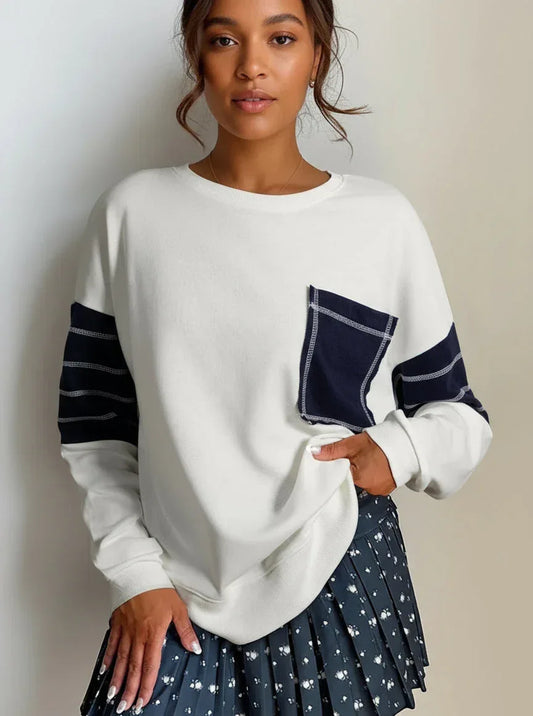 Exposed Seam Detail Color Block Patch Pocket Drop Shoulder Sweatshirt - DAVERRI FASHIONS