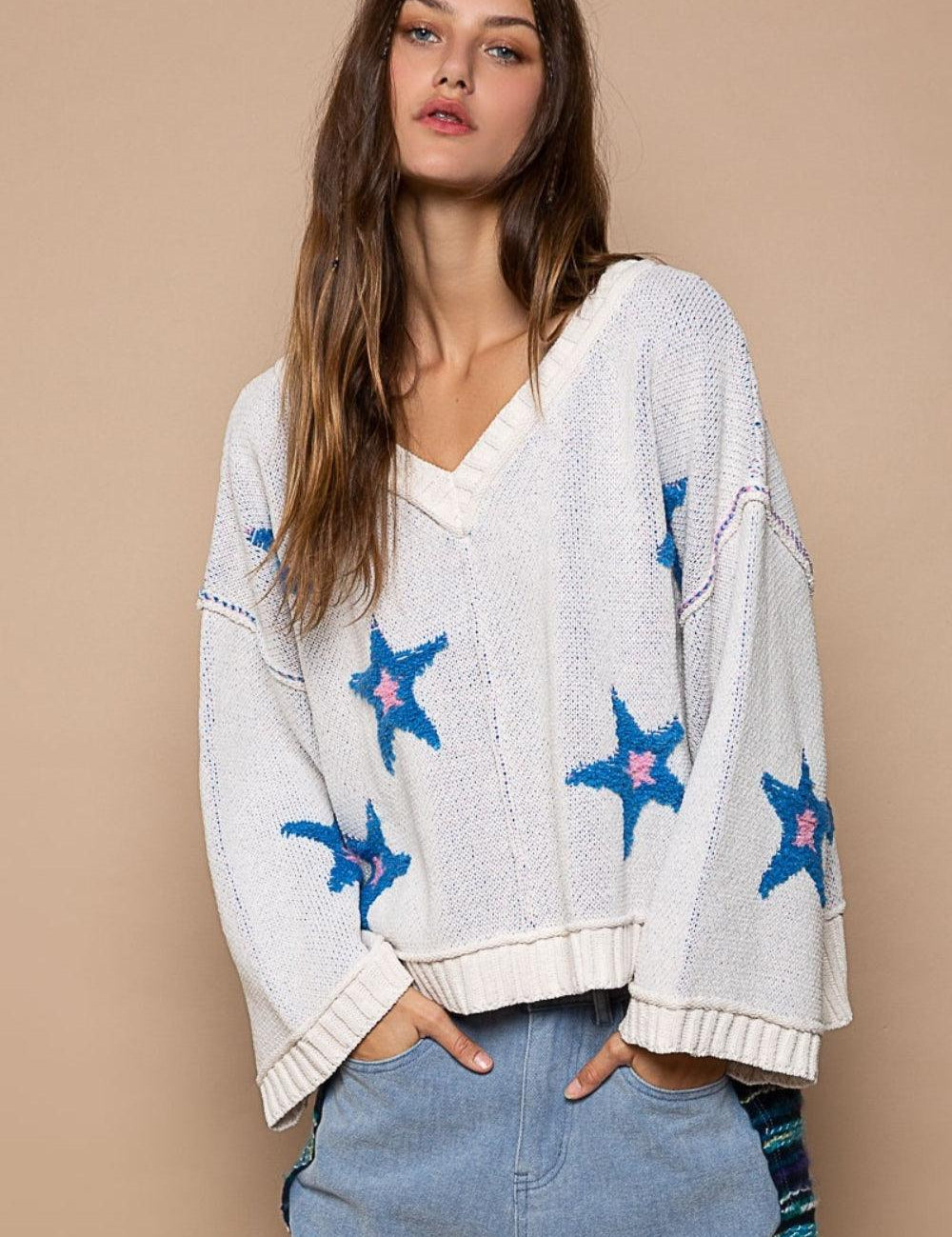 White L POL Long Sleeve Star Patch Sweater L | Sweaters Daverri Fashions