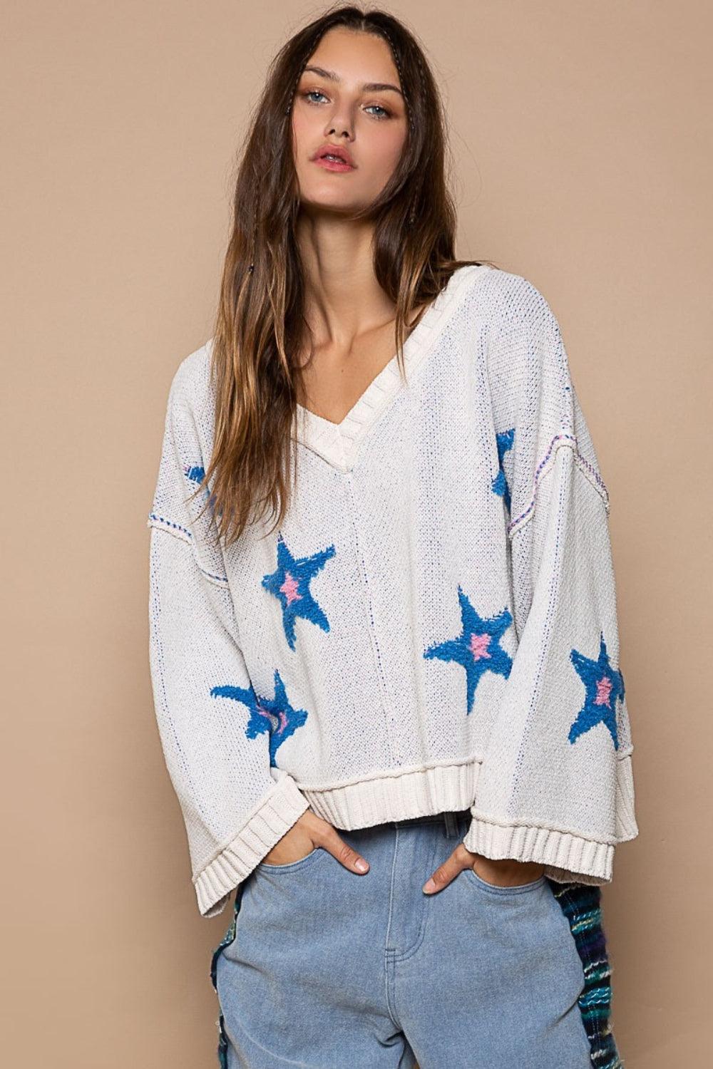 White L POL Long Sleeve Star Patch Sweater L | Sweaters Daverri Fashions