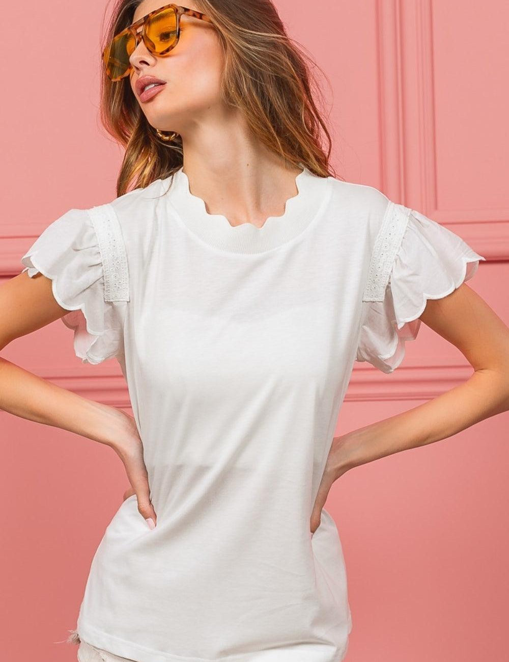 BiBi Scallop Edged Lace Trim Top | Tops Daverri Fashions