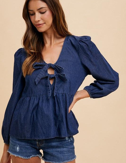 Navy Annie Wear Navy Tie Front Peplum Long Sleeve Denim Top | Tops Daverri Fashions
