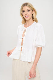Renee C White Puff Sleeve Front Bow Top | Tops Daverri Fashions