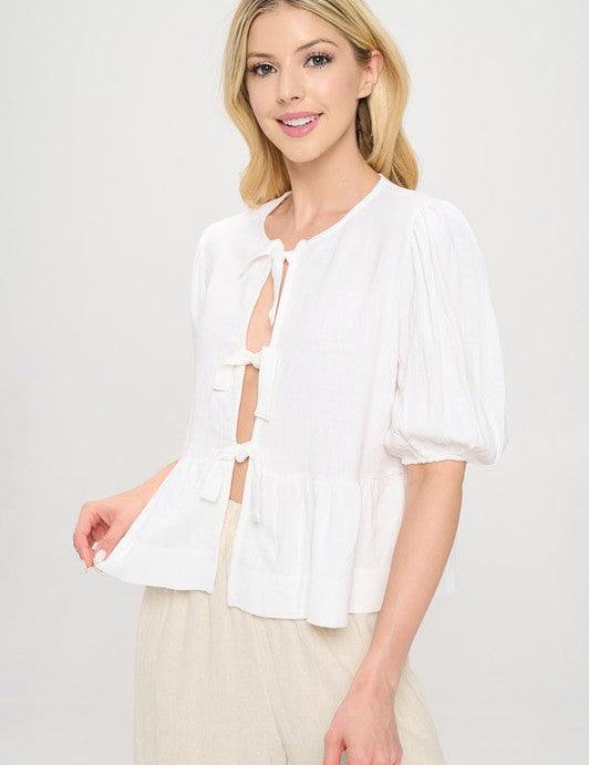 Renee C White Puff Sleeve Front Bow Top | Tops Daverri Fashions