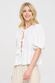 Renee C White Puff Sleeve Front Bow Top | Tops Daverri Fashions
