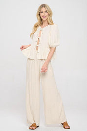 Renee C Linen Puff Sleeve Front Bow Top | Tops Daverri Fashions