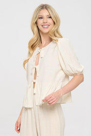 Renee C Linen Puff Sleeve Front Bow Top | Tops Daverri Fashions